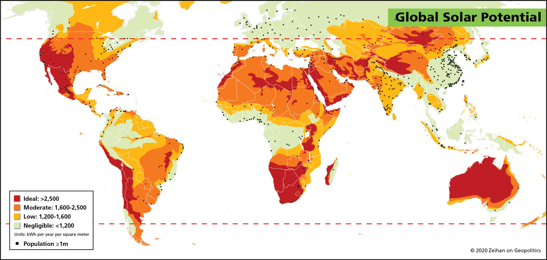 Map showing global solar panel potential, especially a lack in Europe