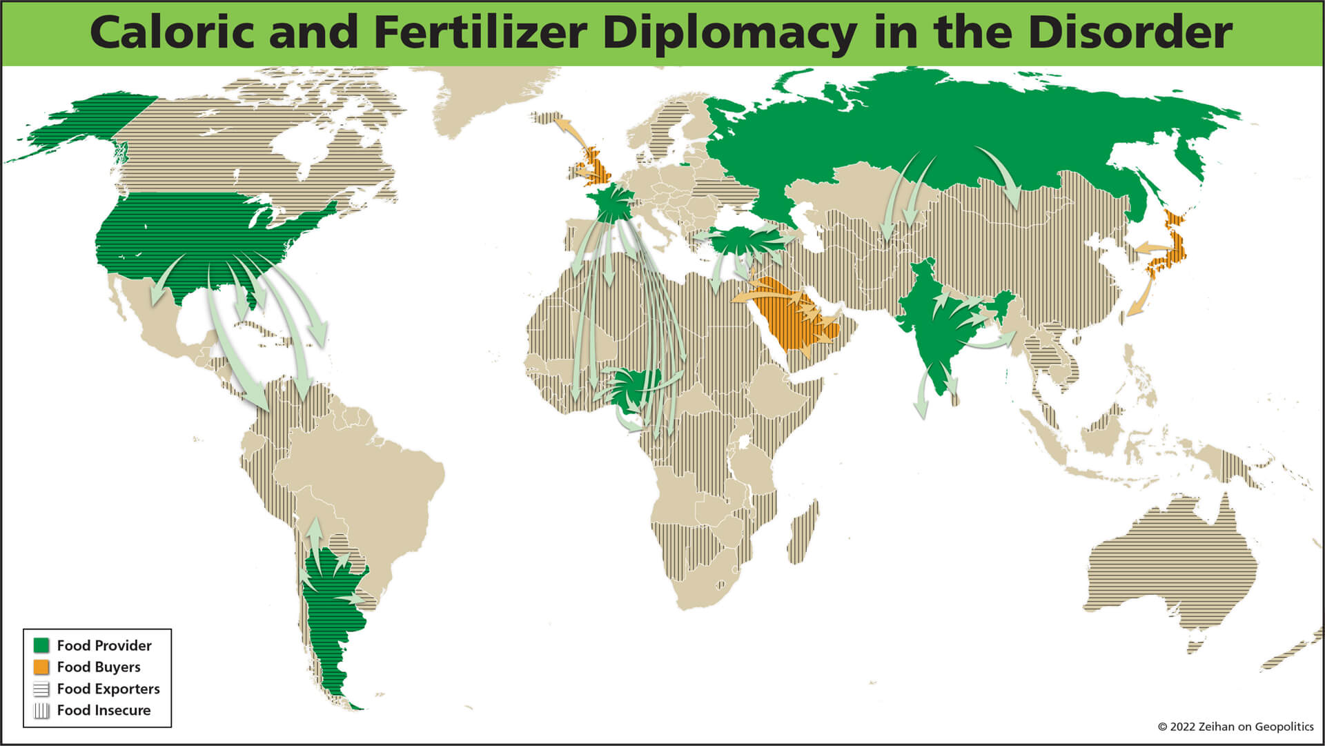 Map showing global food supply, especially a general lack thereof